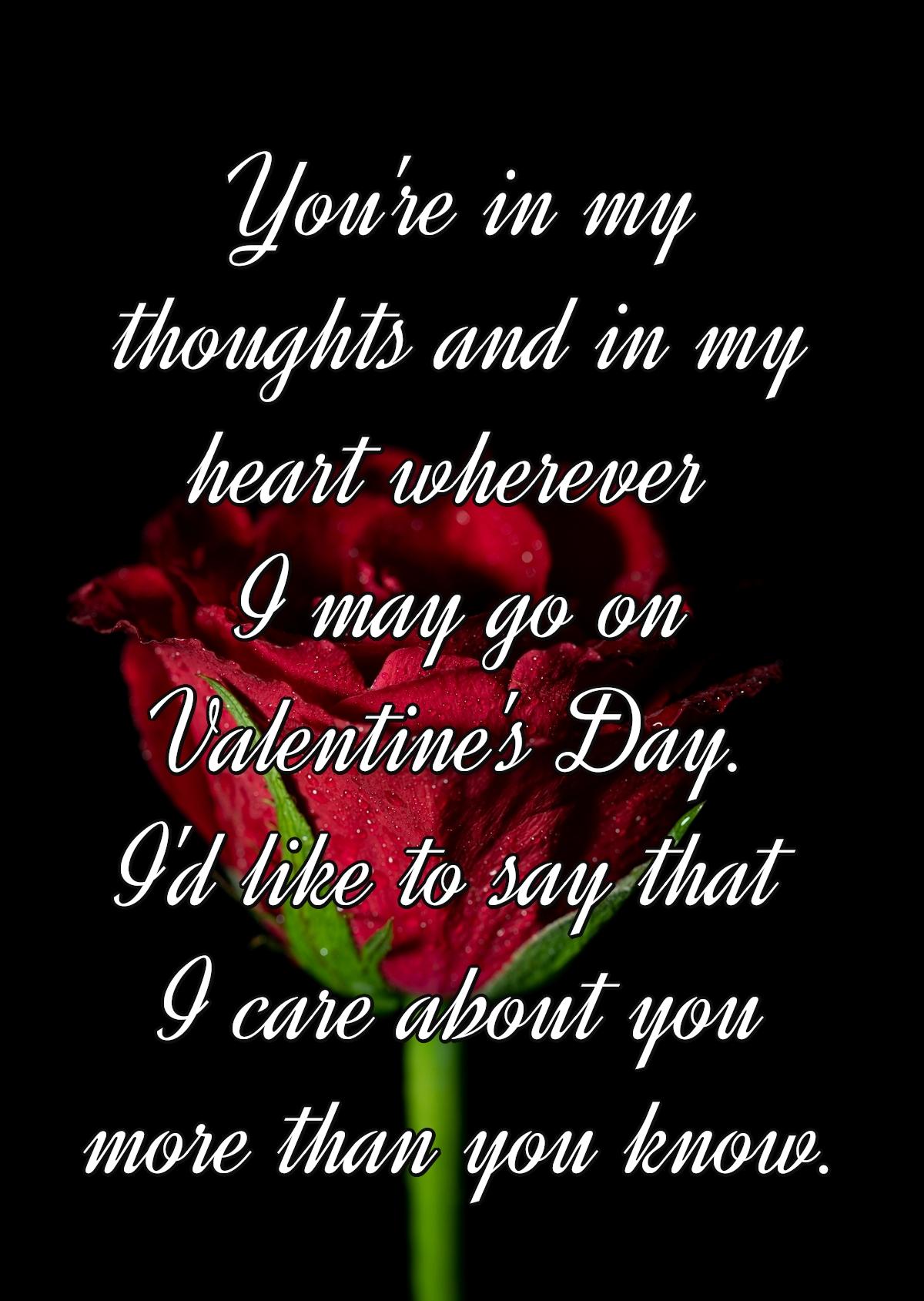 You're in my thoughts and in my heart wherever I may go on Valentine's Day. I'd like to say that I care about you more than you know.