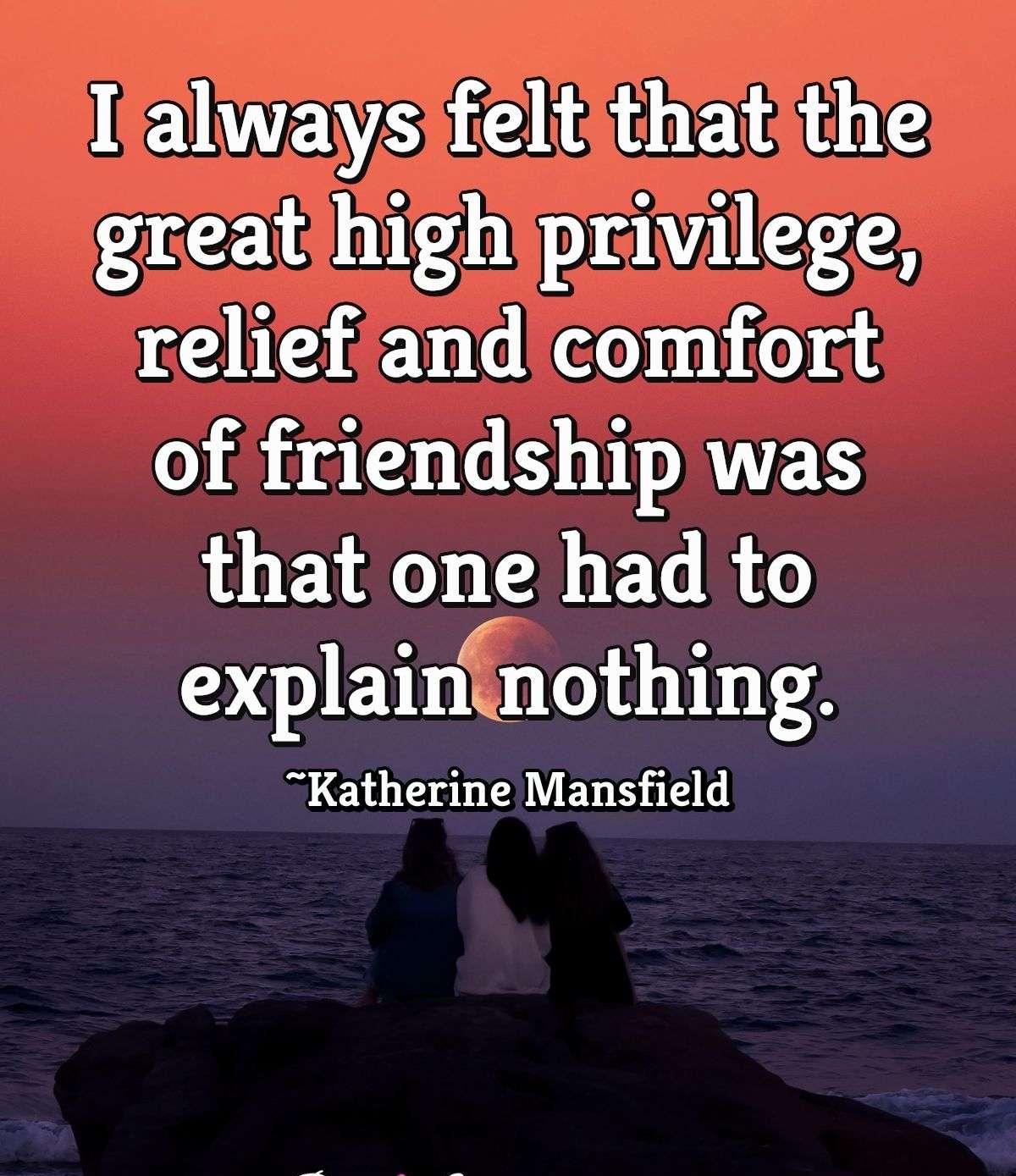 I always felt that the great high privilege, relief and comfort of friendship was that one had to explain nothing.