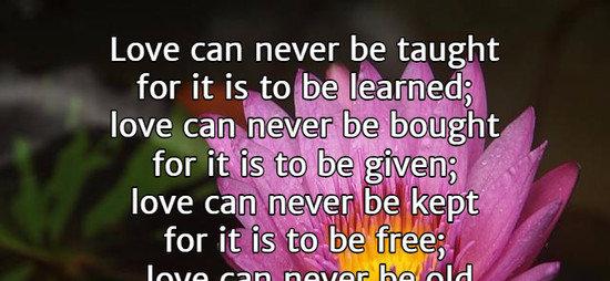 Love can never be taught for it is to be learned; love can never be bought for it is to be given; love can never be kept for it is to be free; love can never be old for it lives to last a lifetime.