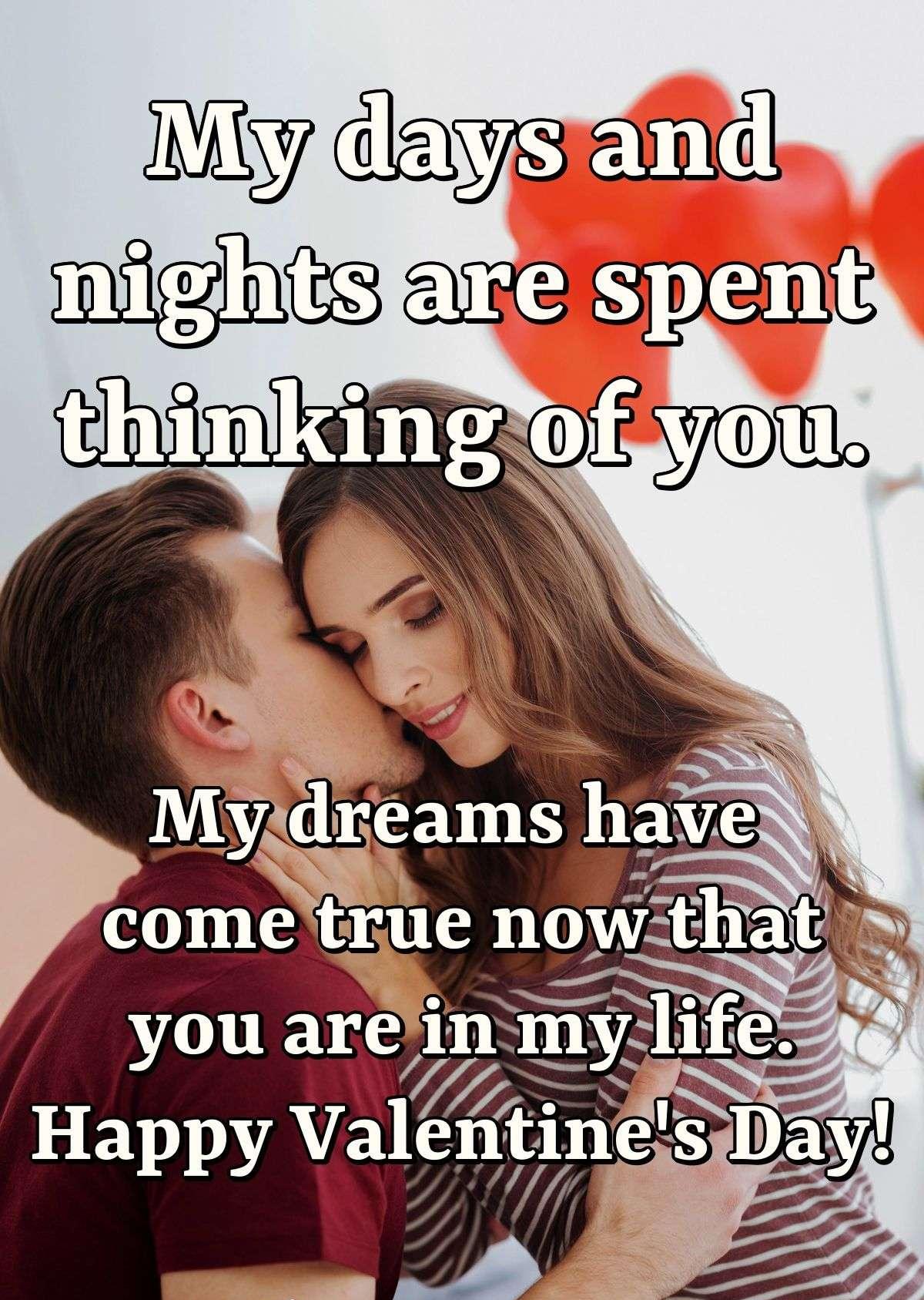 My days and nights are spent thinking of you. My dreams have come true now that you are in my life.Happy Valentine's Day!