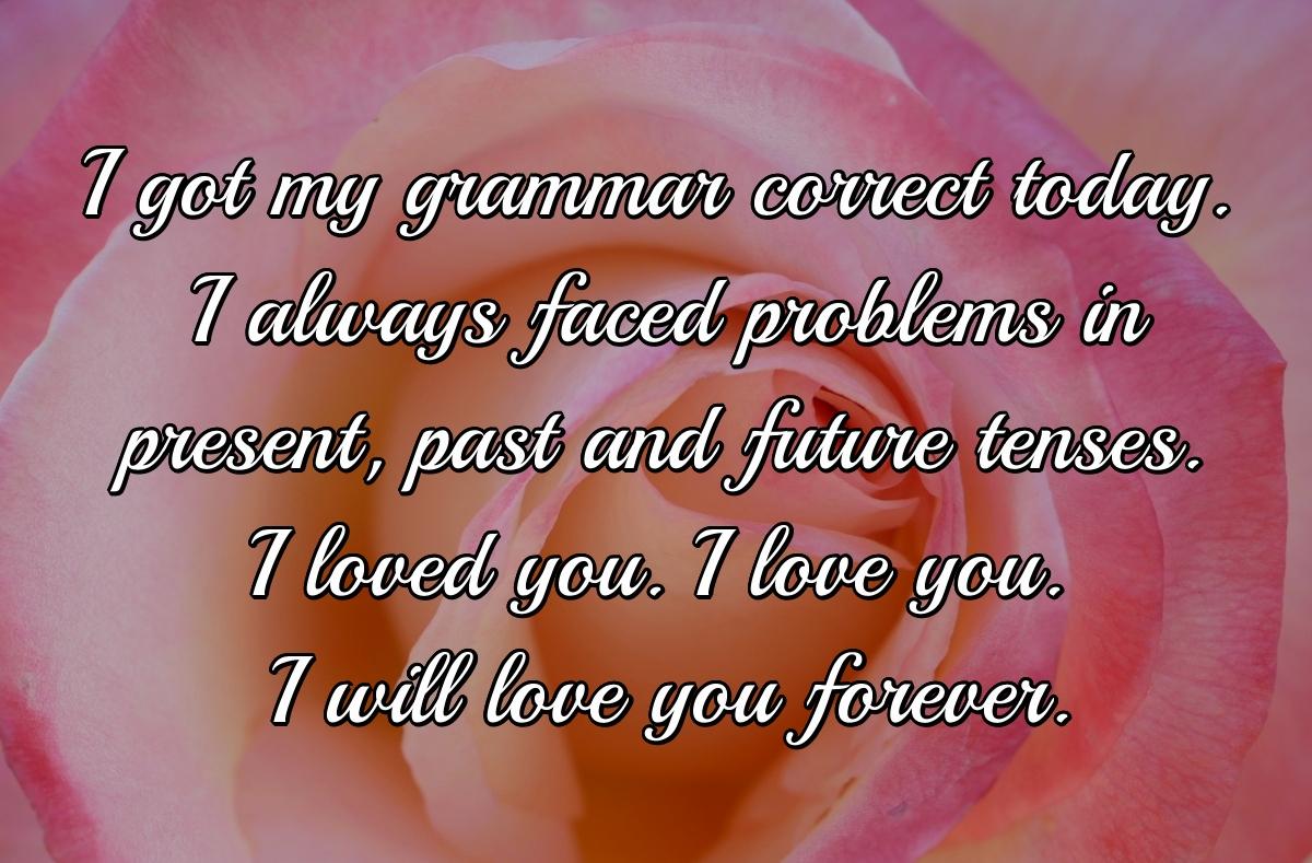 I got my grammar correct today. I always faced problems in present, past and future tenses. I loved you. I love you. I will love you forever.