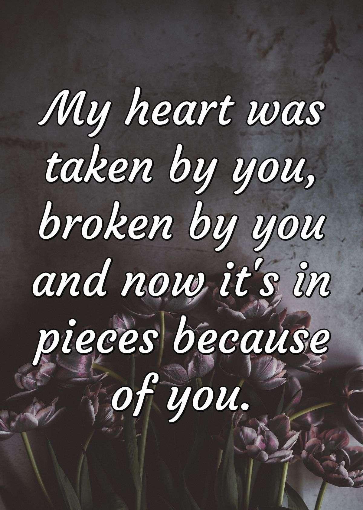 My heart was taken by you, broken by you and now it's in pieces because of you.