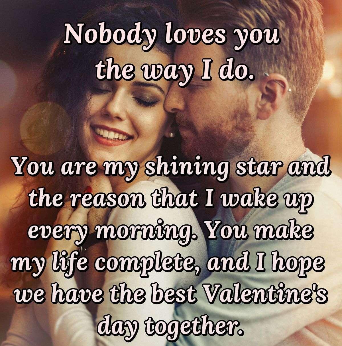 Nobody loves you the way I do. You are my shining star and the reason that I wake up every morning. You make my life complete, and I hope we have the best Valentine's day together.