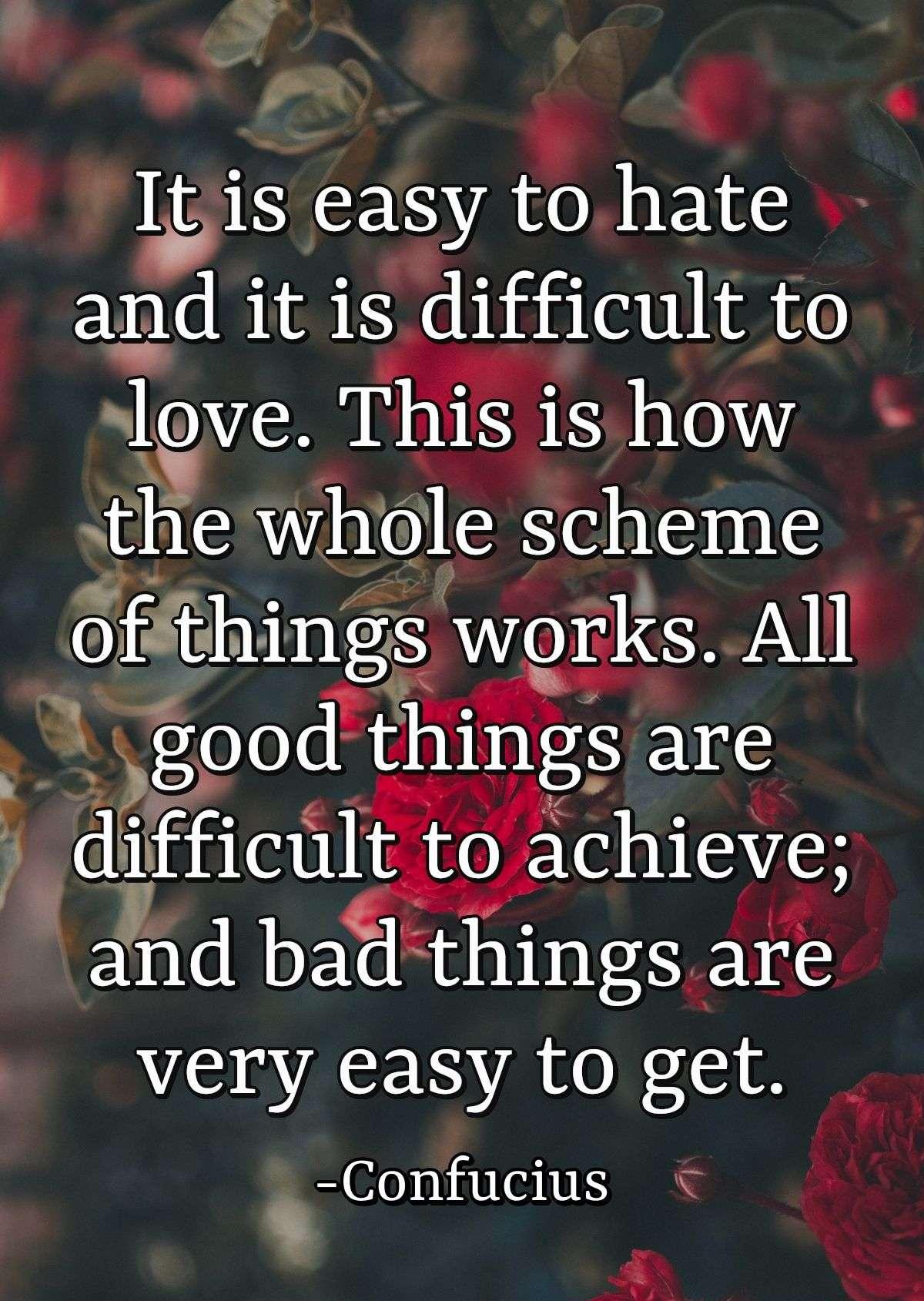 It is easy to hate and it is difficult to love. This is how the whole scheme of things works. All good things are difficult to achieve; and bad things are very easy to get.