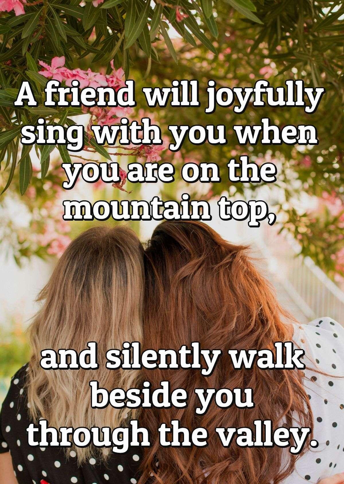 A friend will joyfully sing with you when you are on the mountain top, and silently walk beside you through the valley.