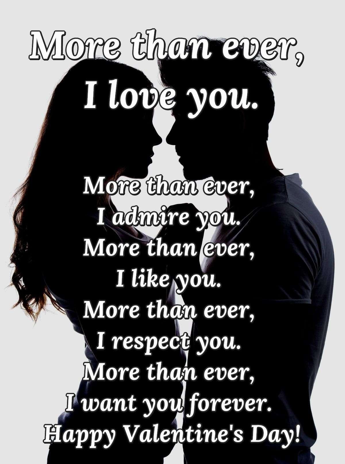 More than ever, I love you. More than ever, I admire you. More than ever, I like you. More than ever, I respect you. More than ever, I want you forever. Happy Valentine's Day!