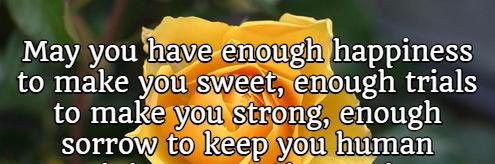 May you have enough happiness to make you sweet, enough trials to make you strong, enough sorrow to keep you human, enough hope to make you happy.