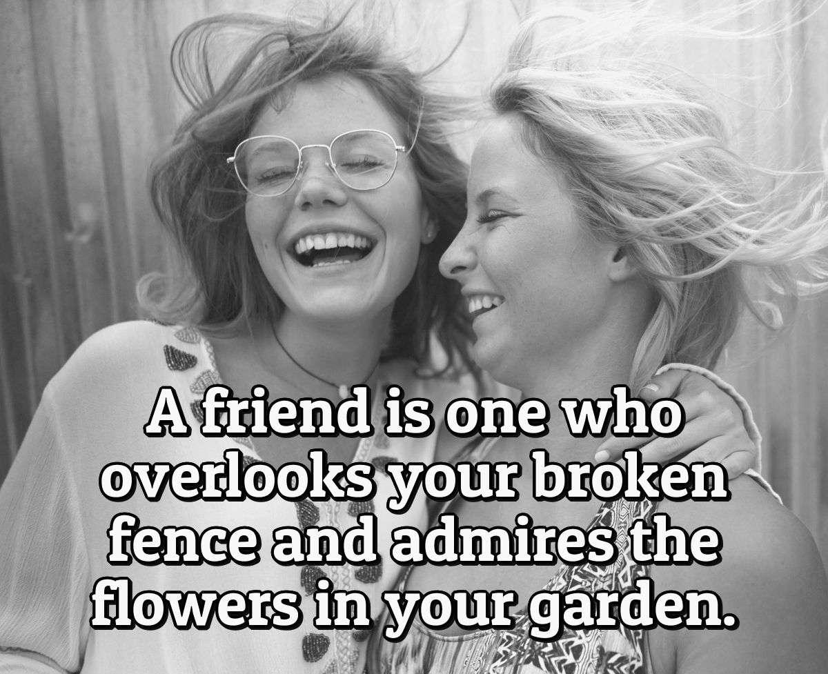 A friend is one who overlooks your broken fence and admires the flowers in your garden.