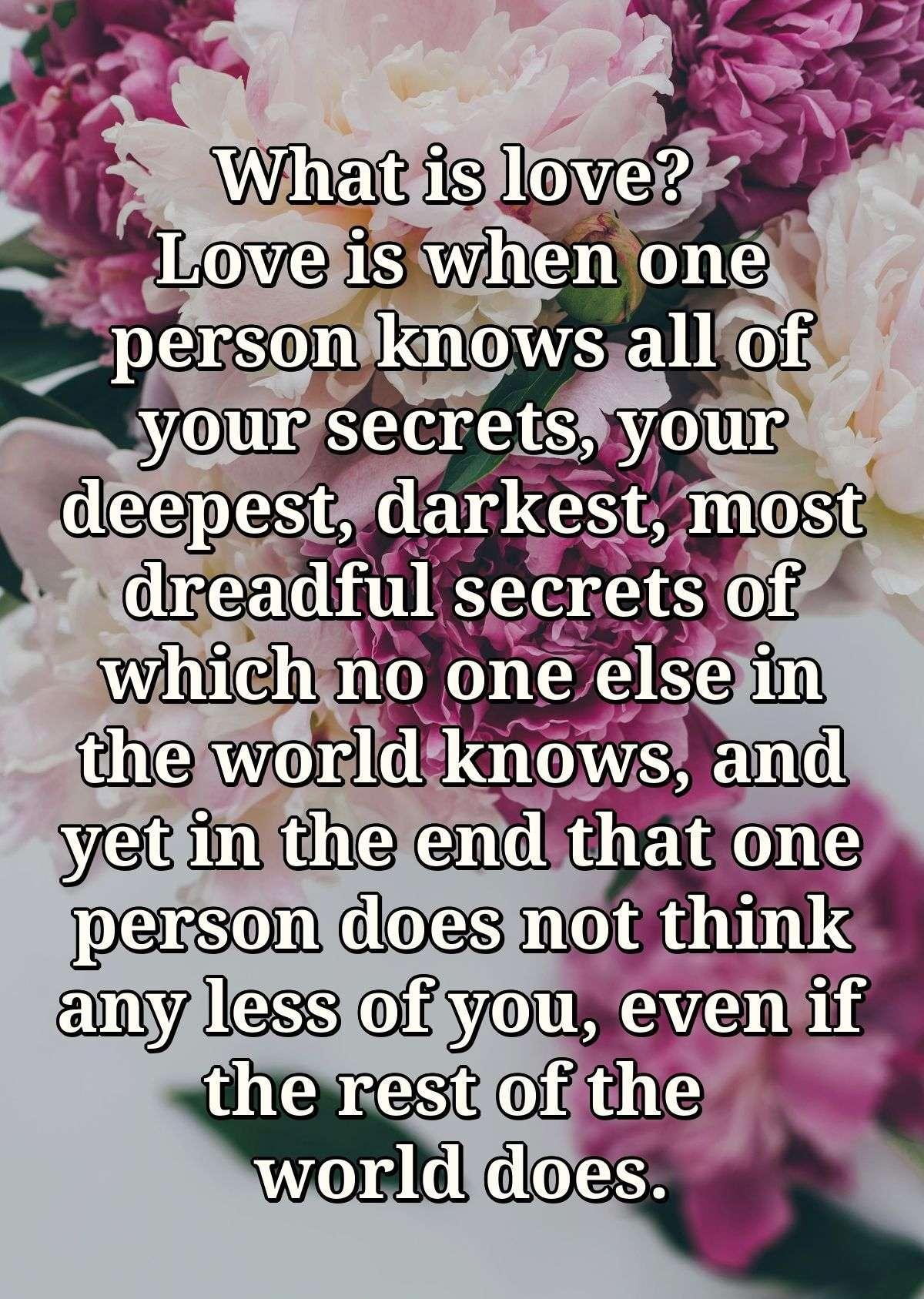 What is love? Love is when one person knows all of your secrets, your deepest, darkest, most dreadful secrets of which no one else in the world knows, and yet in the end that one person does not think any less of you, even if the rest of the world does.